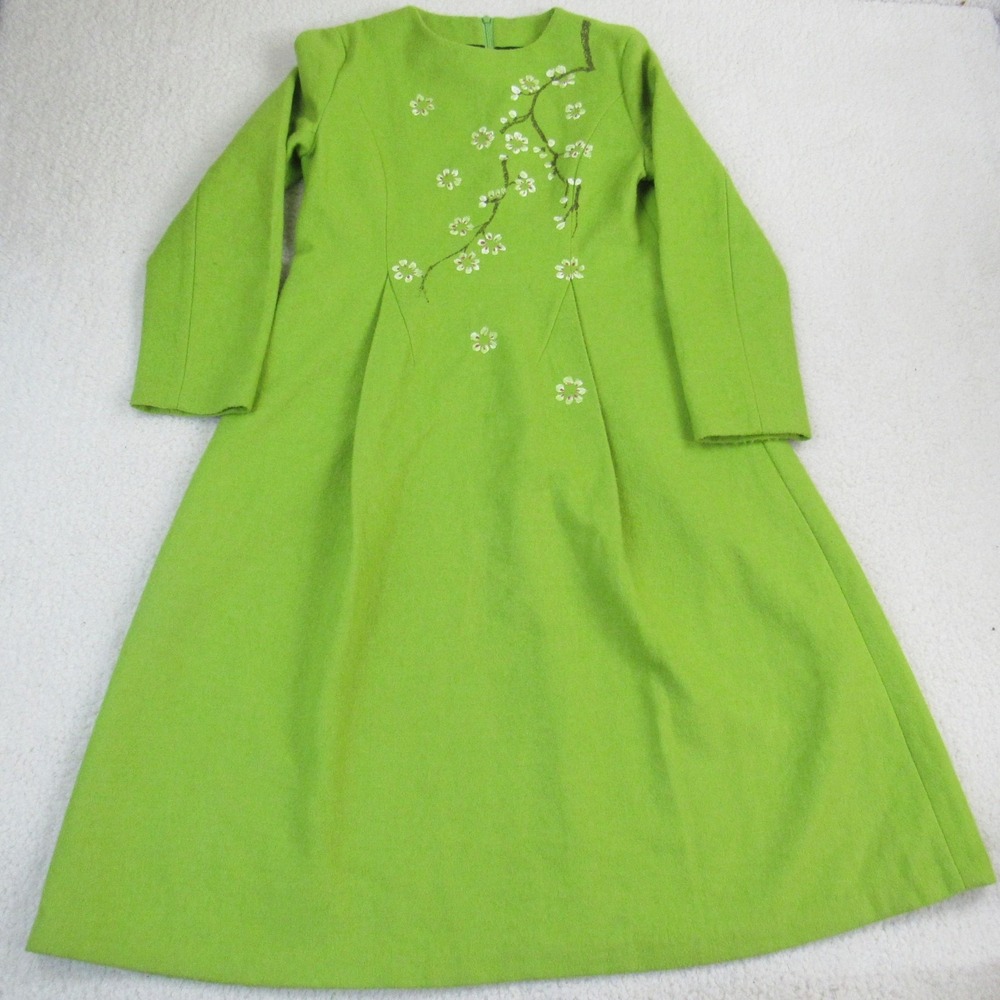 Handmade‎ A-Line Dress Small Lime Green Cherry Blossom Retro Cottagecore Vintage